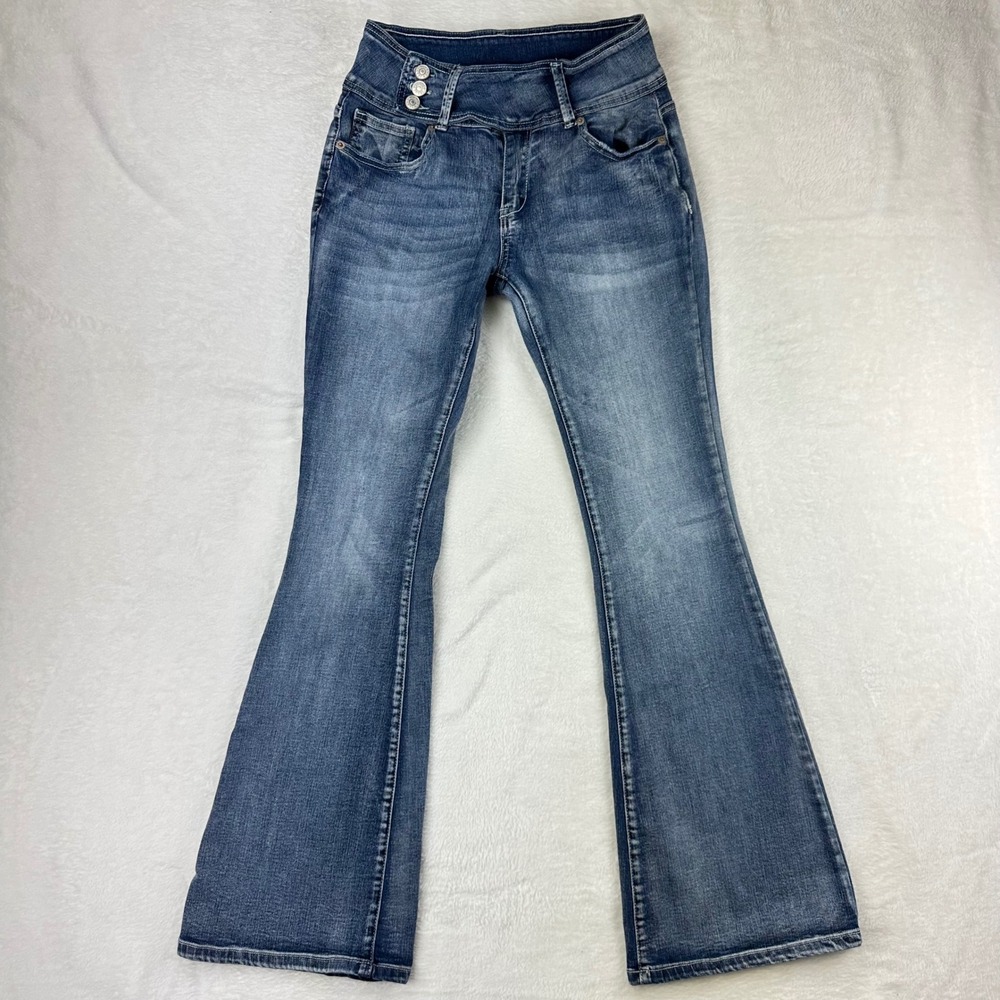 Flare Jeans Womens Denim Triple Button High Rise S Blue Whiskered Cotton